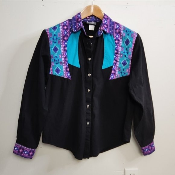 Vintage Tops - Vintage 90s Roughrider Black Country Western Shirt Circle T Pearl Snap Cowgirl